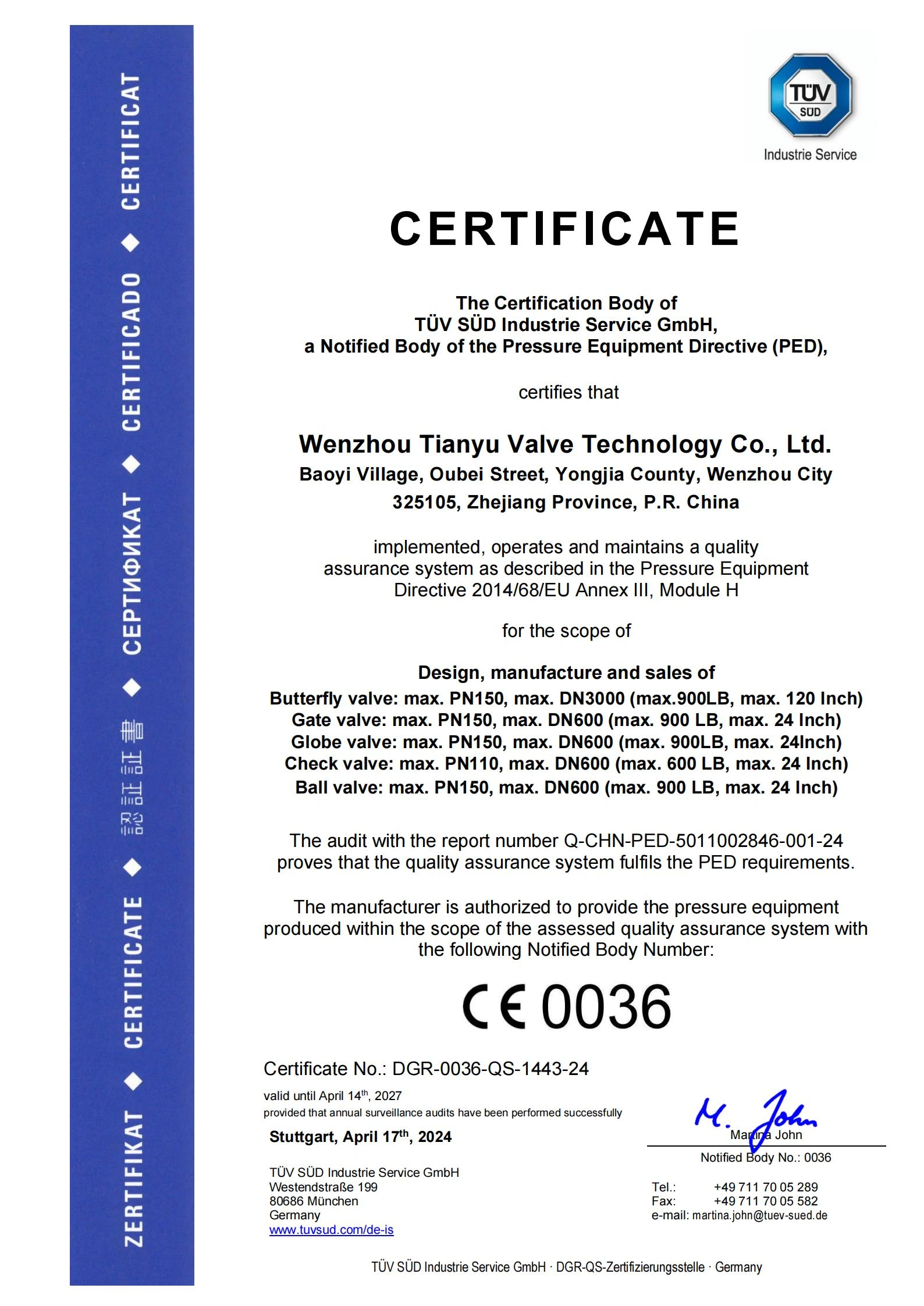 TIANYU-VALVE ISO certificate of conformity